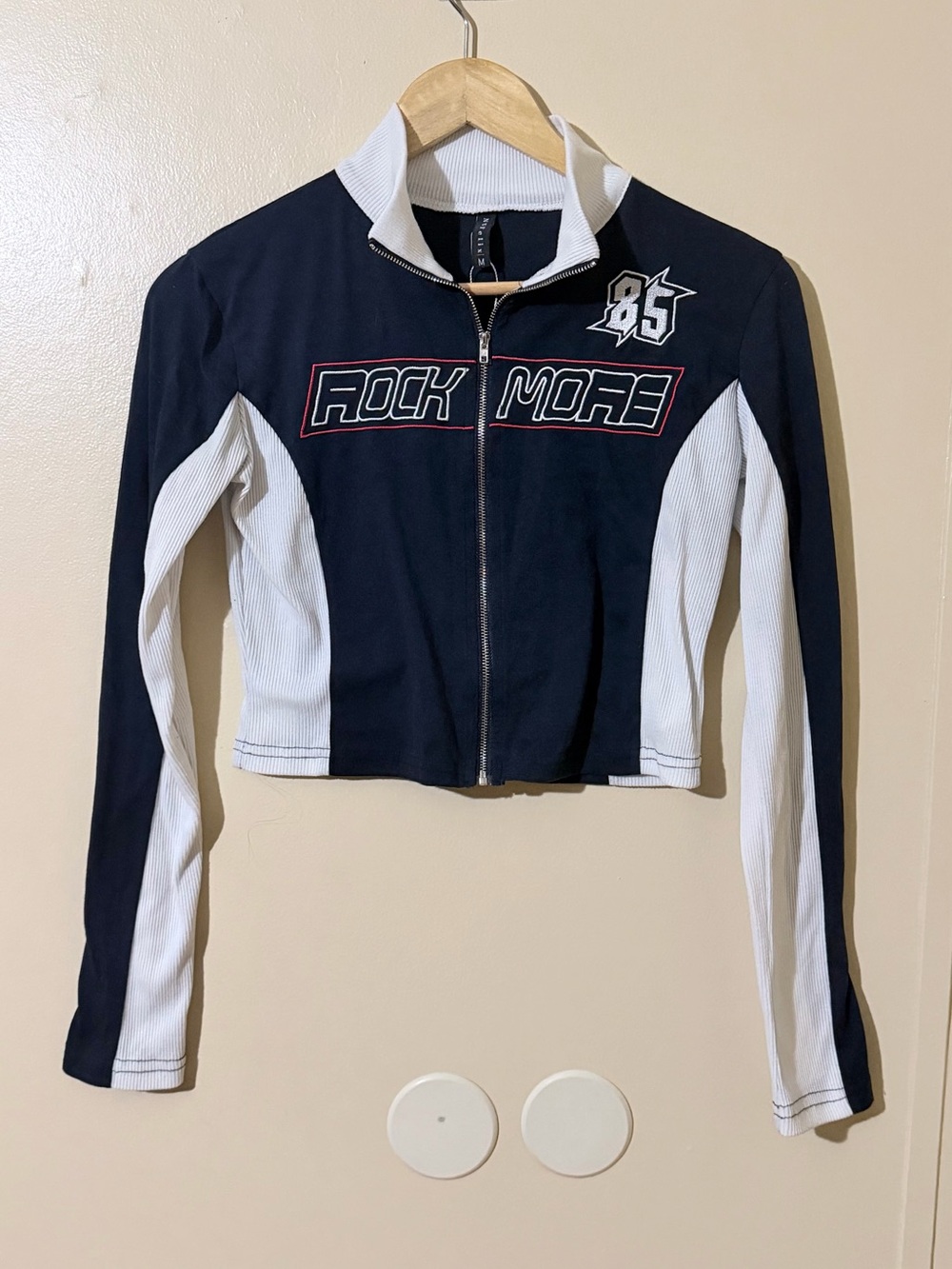 Black & White Zip-Front Varsity Jacket with Graphic Panels - Picture 2 of 7